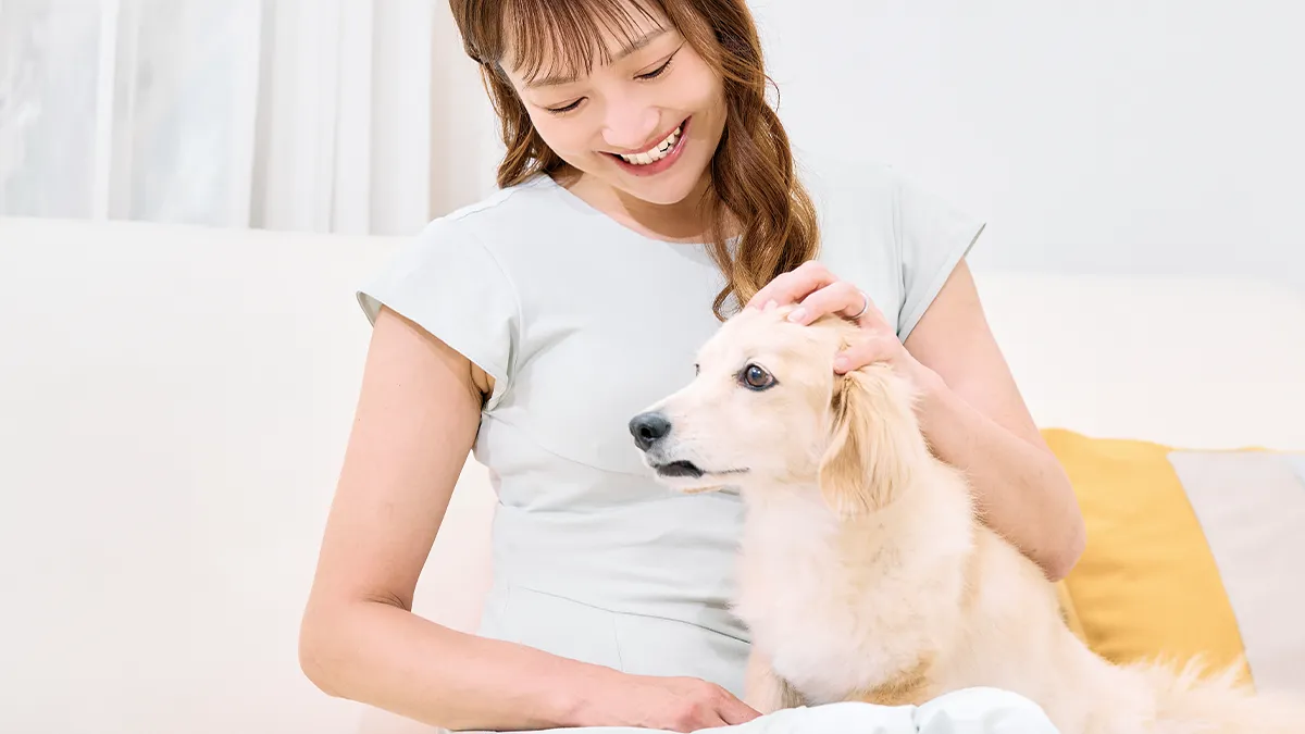 愛犬にごはんをあげる女性