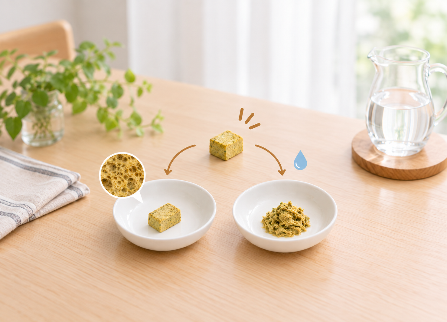 GOODISHのフリーズドライごはんとぬるま湯で戻す様子