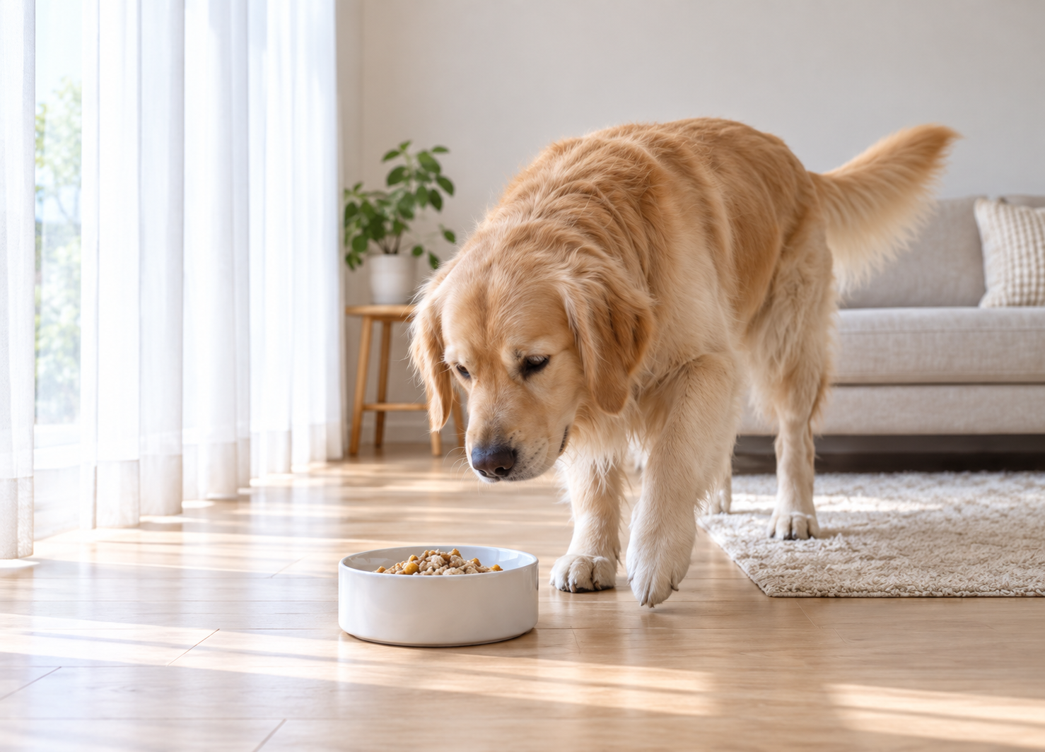 GOODISHを食べる愛犬の様子を見守る飼い主