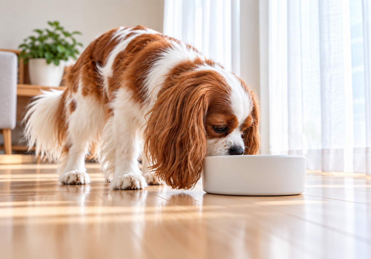 ごはんを前にして少し様子を見る愛犬