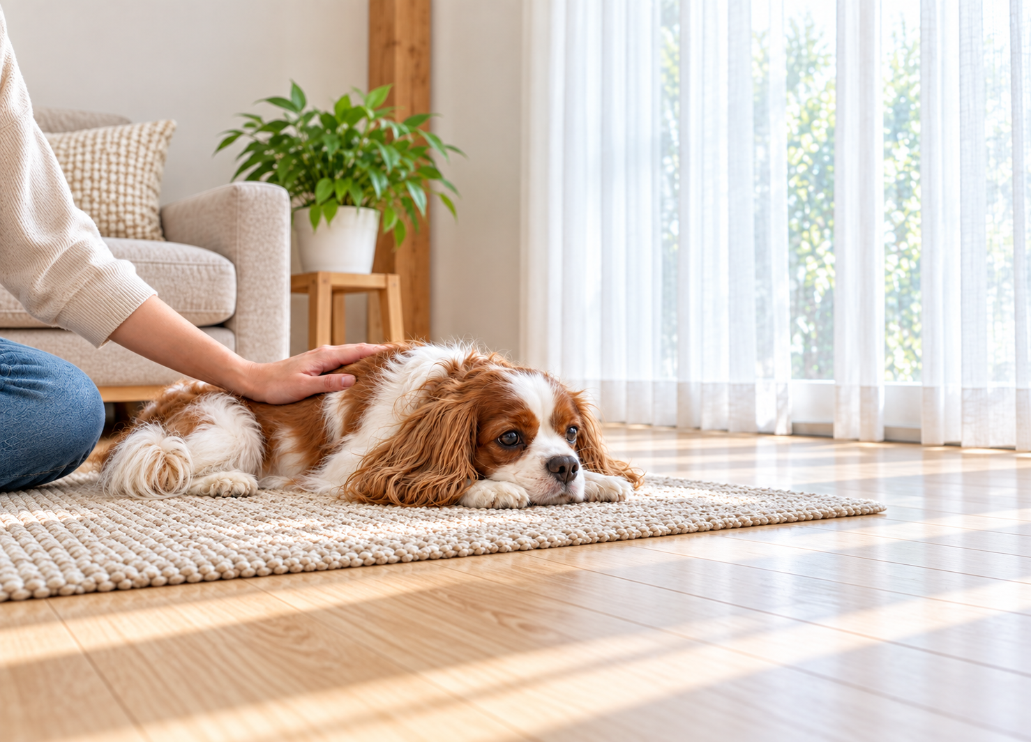 ごはんを残して飼い主の様子を見る愛犬
