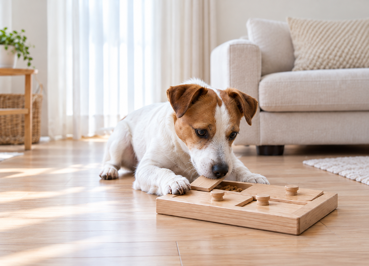室内で隠したおもちゃを鼻を使って探す犬