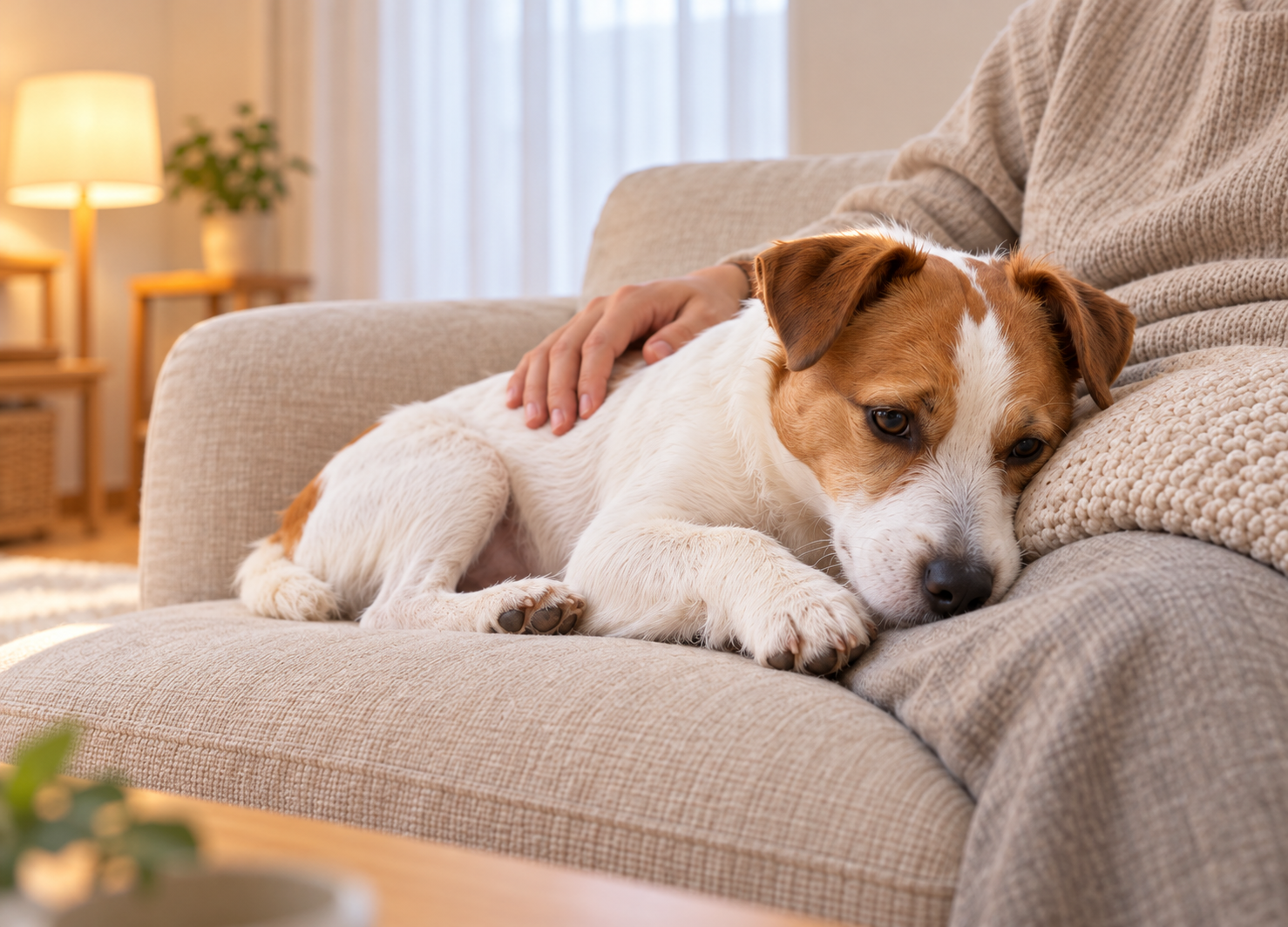 飼い主のそばで安心して静かに眠る犬