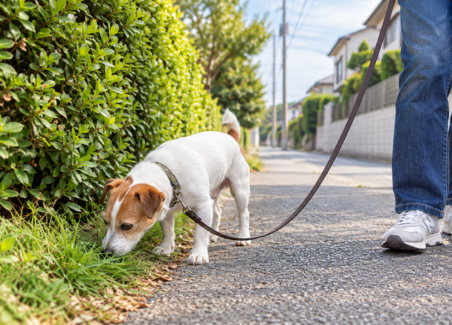 散歩中に草むらの匂いをゆっくり嗅ぐ犬