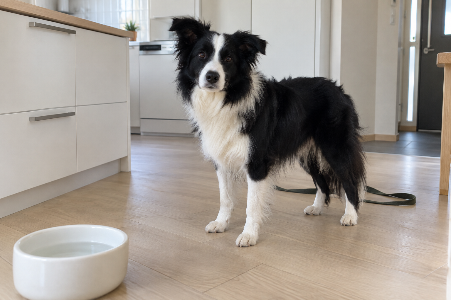 涼しい季節に水の器から水を飲む犬