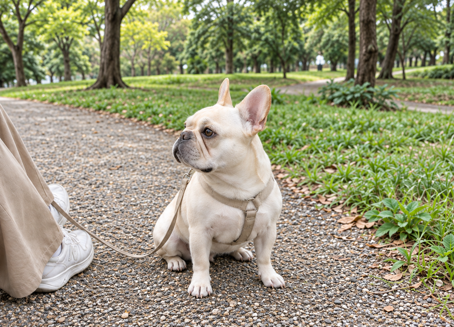 散歩中にほかの犬と出会い、少し距離を置いて様子を見る犬