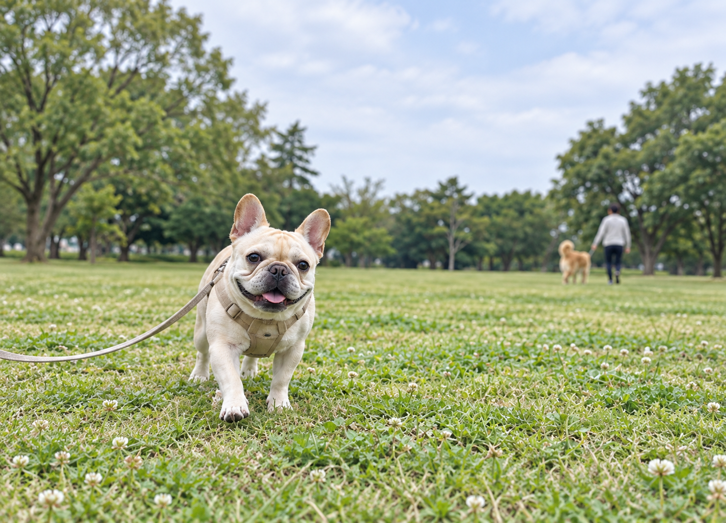 公園で穏やかに匂いを確かめ合う二頭の犬