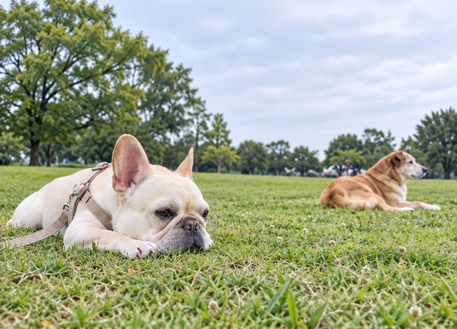 緑の公園で安心できる距離を保ちながら穏やかに過ごす二頭の犬