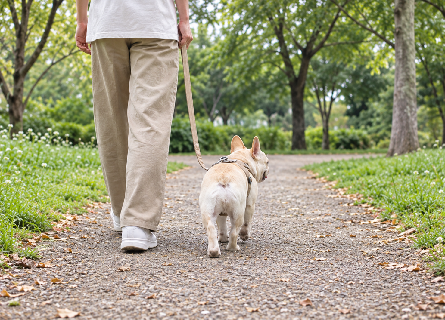 飼い主と一緒に散歩しながら草花の匂いを楽しむ犬